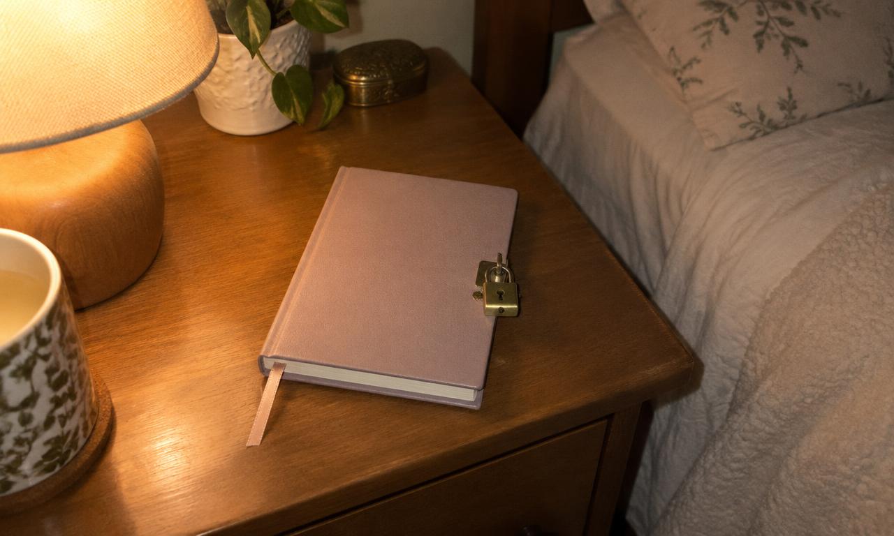 Un carnet fermé d’un petit cadenas, posé sur la table de chevet.