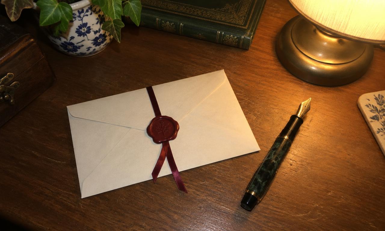 Enveloppe fermée d’un sceau de cire rouge et d’un ruban : le courrier d’autrefois.